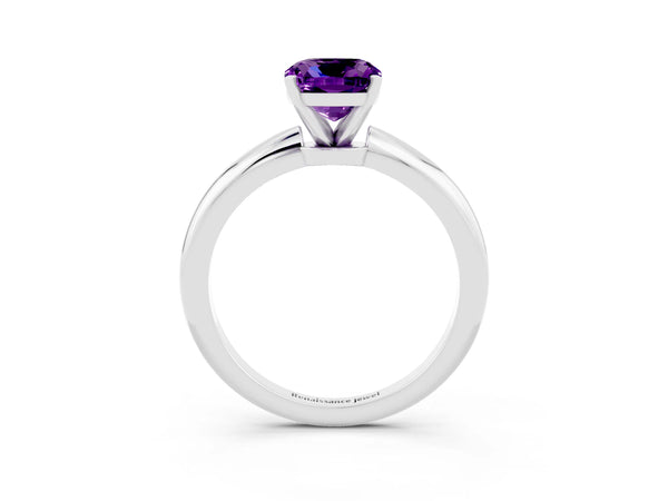 White gold Cushion Cut Amethyst Solitaire Ring with Six-Prong Setting and Classic Band