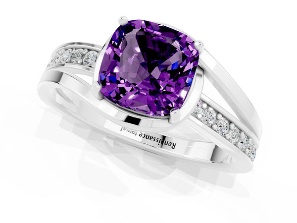 Platinum Cushion Cut Amethyst Solitaire Ring with Split Shank and Prong Setting