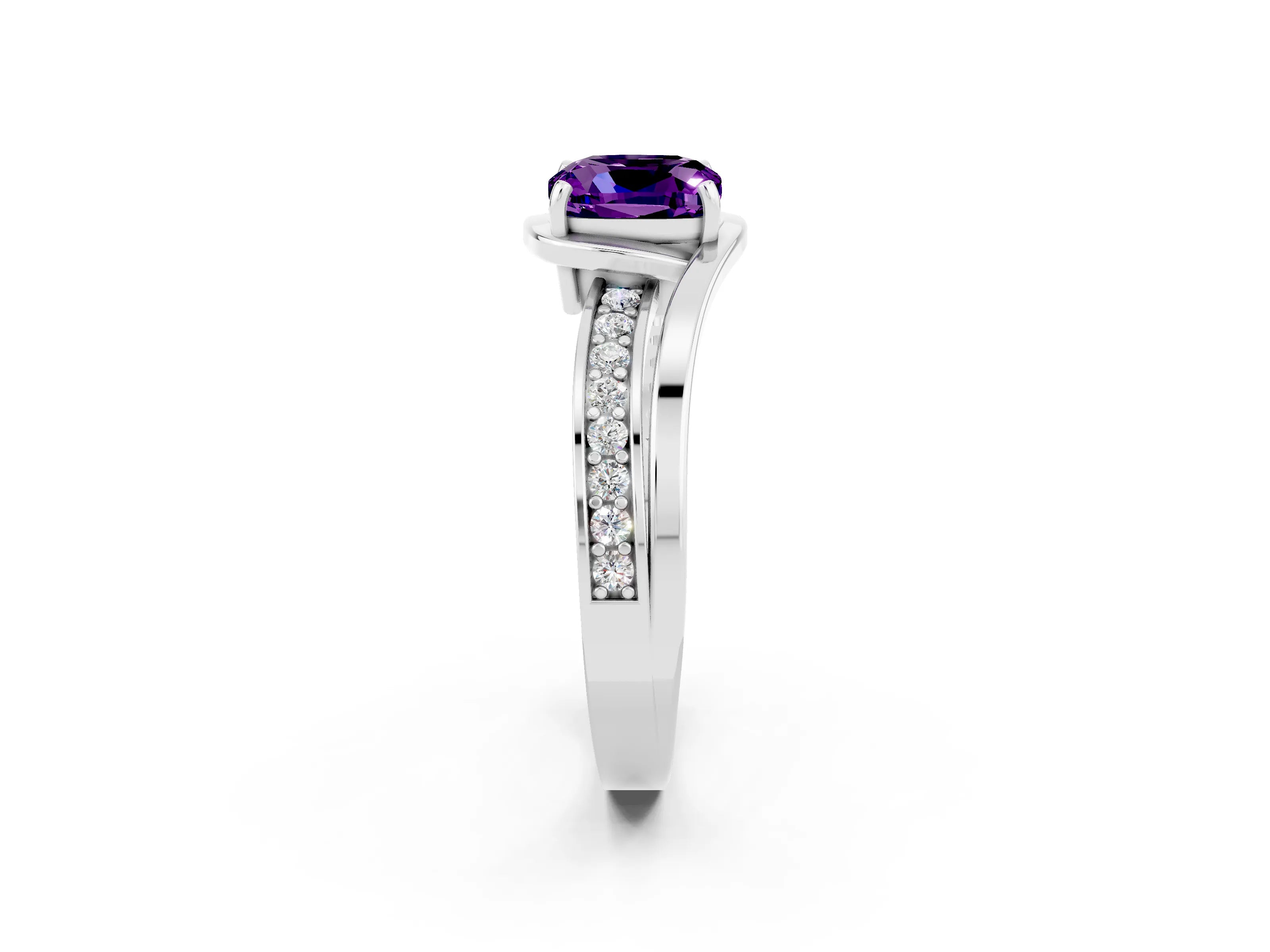 White gold Cushion Cut Amethyst Solitaire Ring with Split Shank and Prong Setting_2