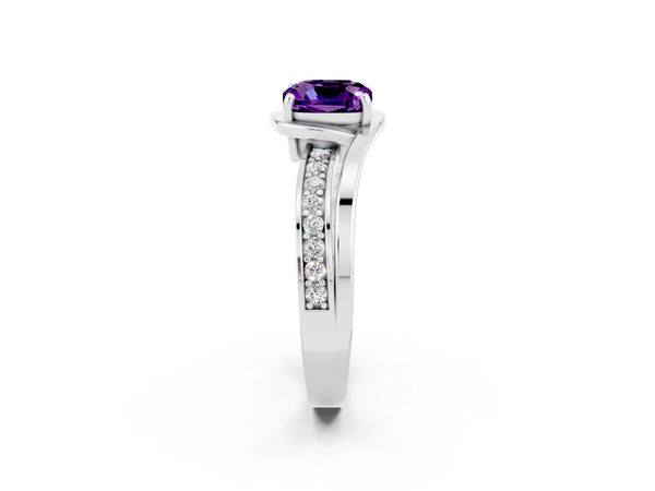 Silver Cushion Cut Amethyst Solitaire Ring with Split Shank and Prong Setting