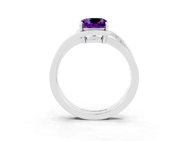 Platinum Cushion Cut Amethyst Solitaire Ring with Split Shank and Prong Setting