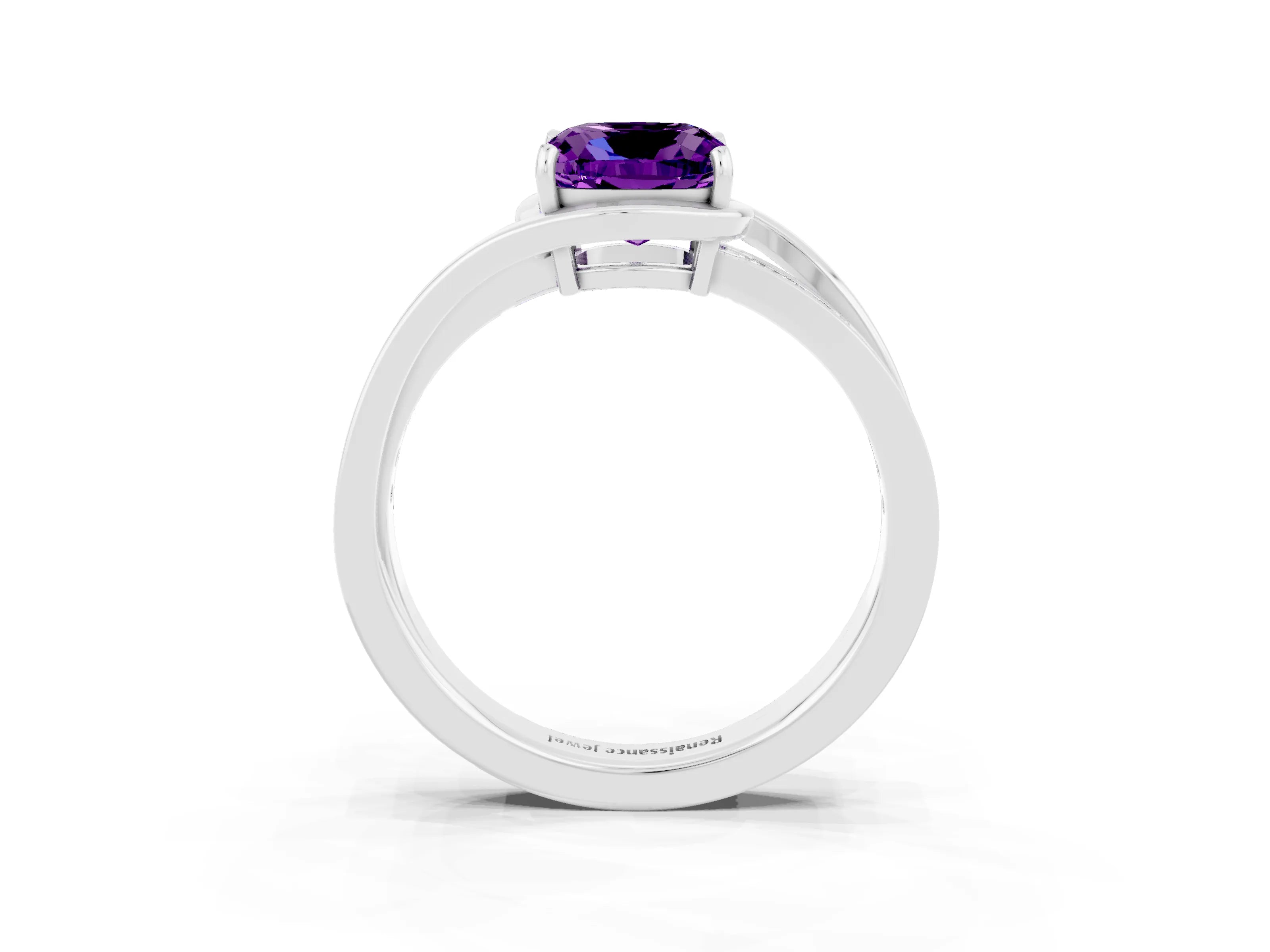 White gold Cushion Cut Amethyst Solitaire Ring with Split Shank and Prong Setting_3