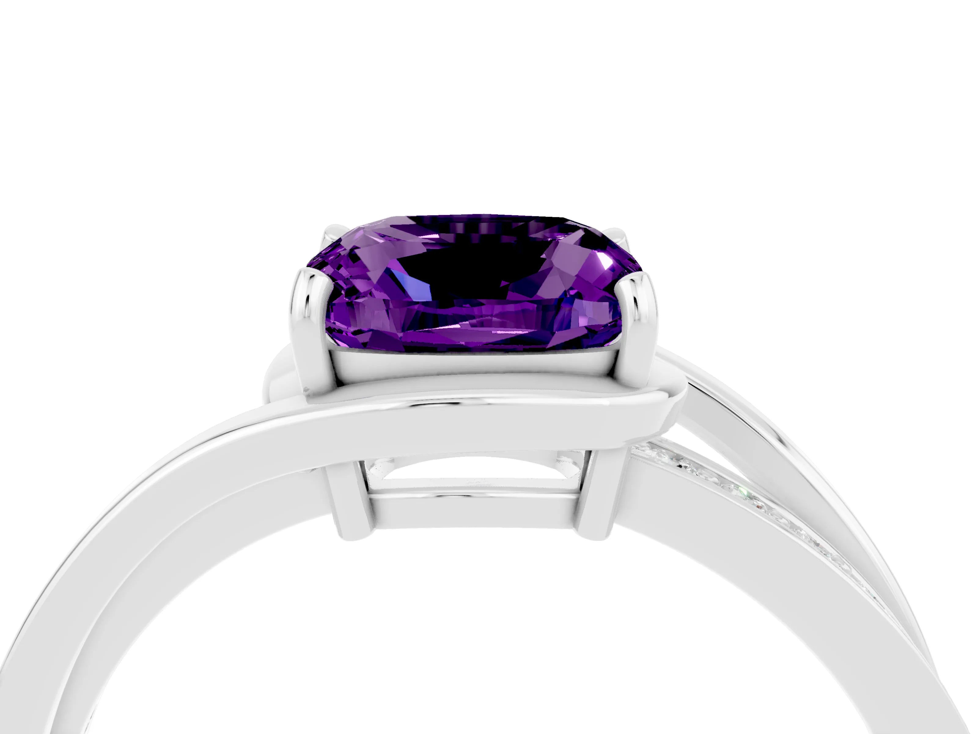 White gold Cushion Cut Amethyst Solitaire Ring with Split Shank and Prong Setting_4