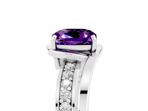 White gold Cushion Cut Amethyst Solitaire Ring with Split Shank and Prong Setting_5