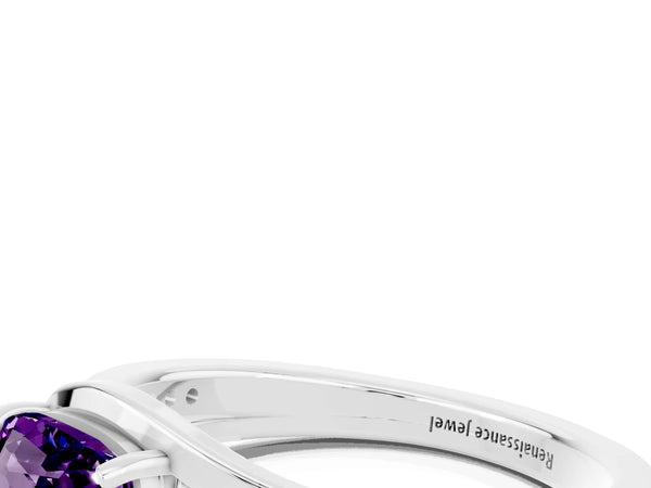 Silver Cushion Cut Amethyst Solitaire Ring with Split Shank and Prong Setting
