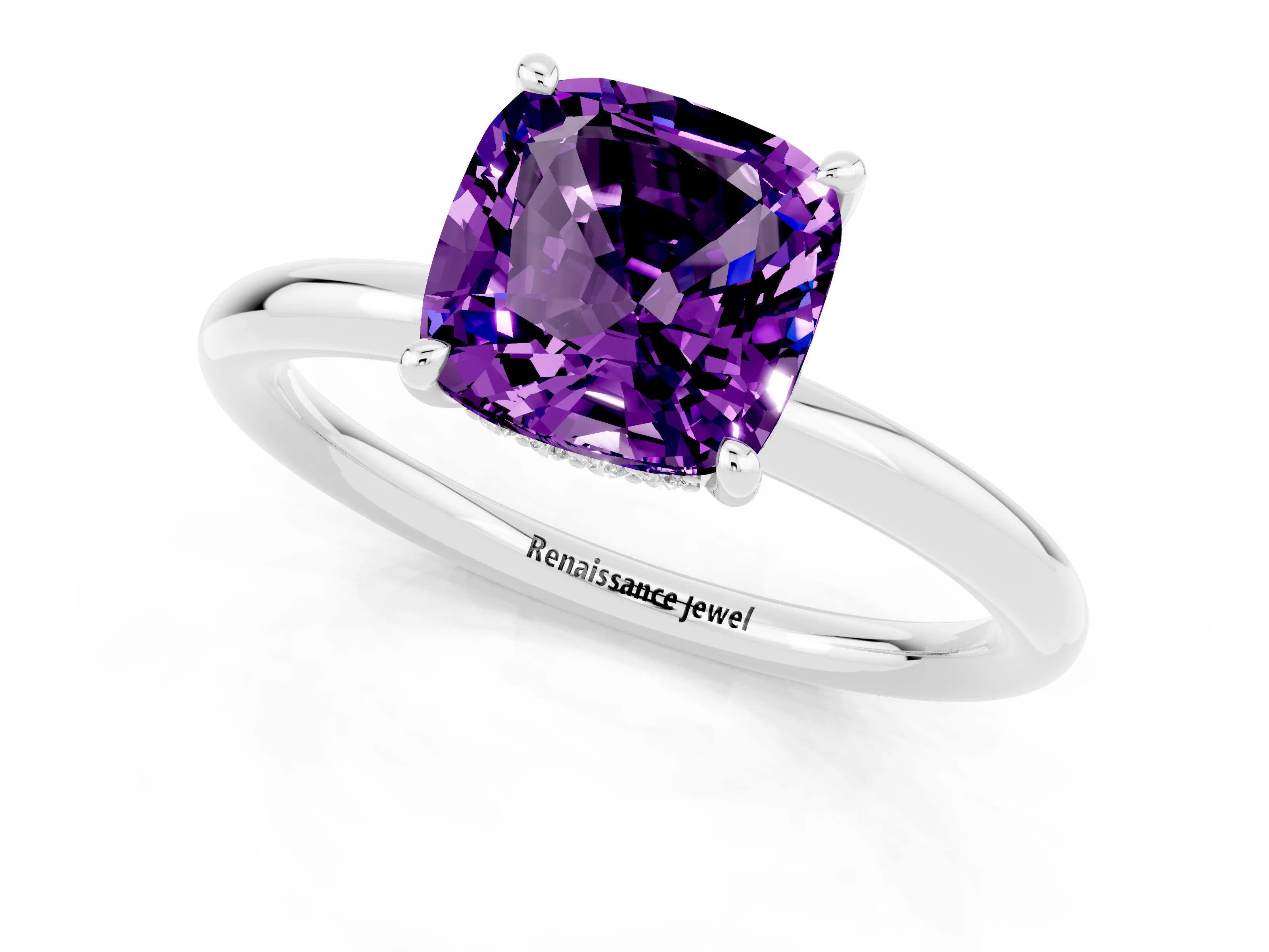 White gold Cushion Cut Amethyst Solitaire Ring with Thin Band and Four-Prong Setting_1