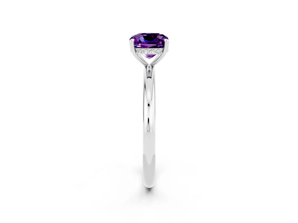 White gold Cushion Cut Amethyst Solitaire Ring with Thin Band and Four-Prong Setting