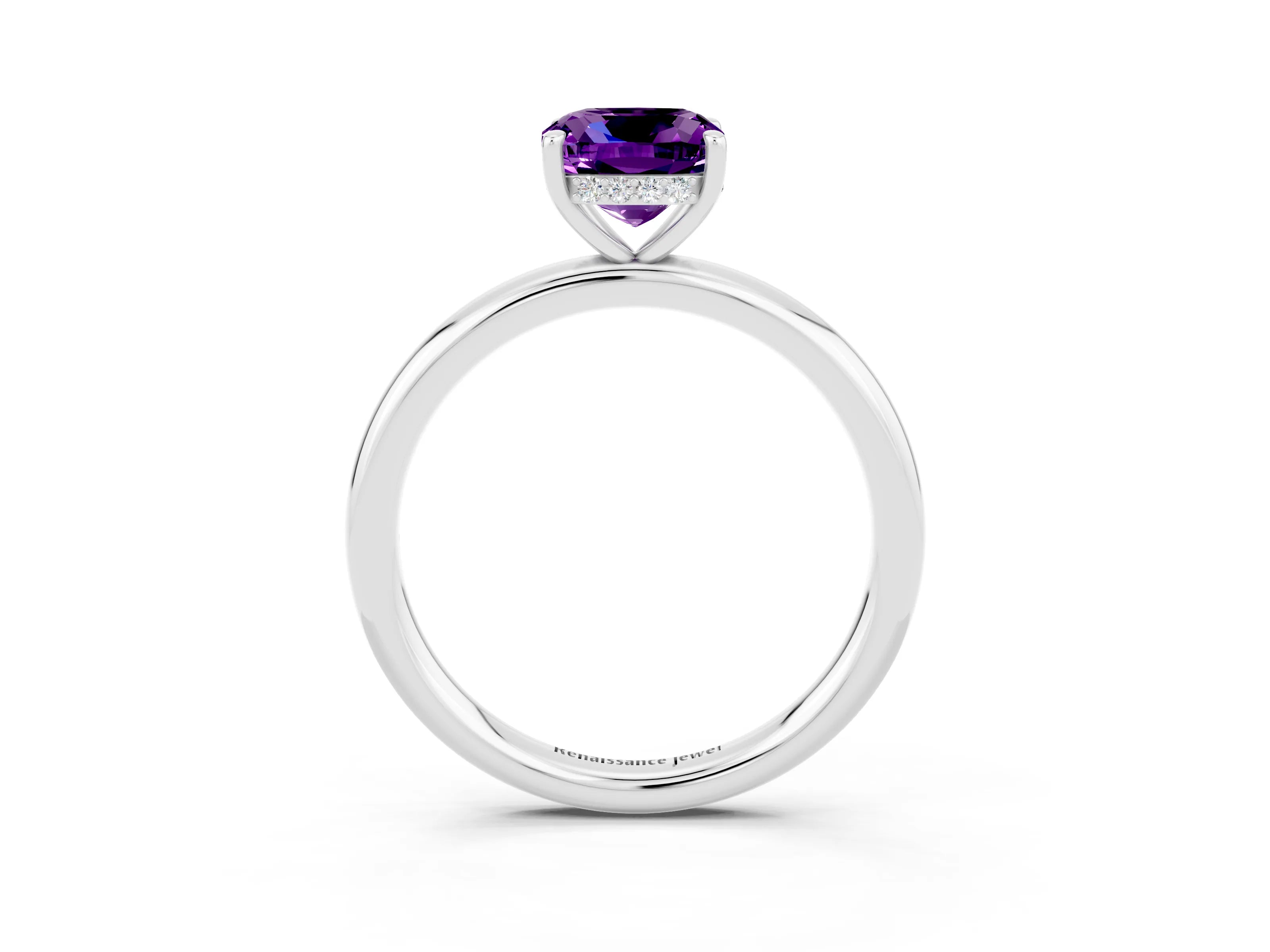 White gold Cushion Cut Amethyst Solitaire Ring with Thin Band and Four-Prong Setting_3