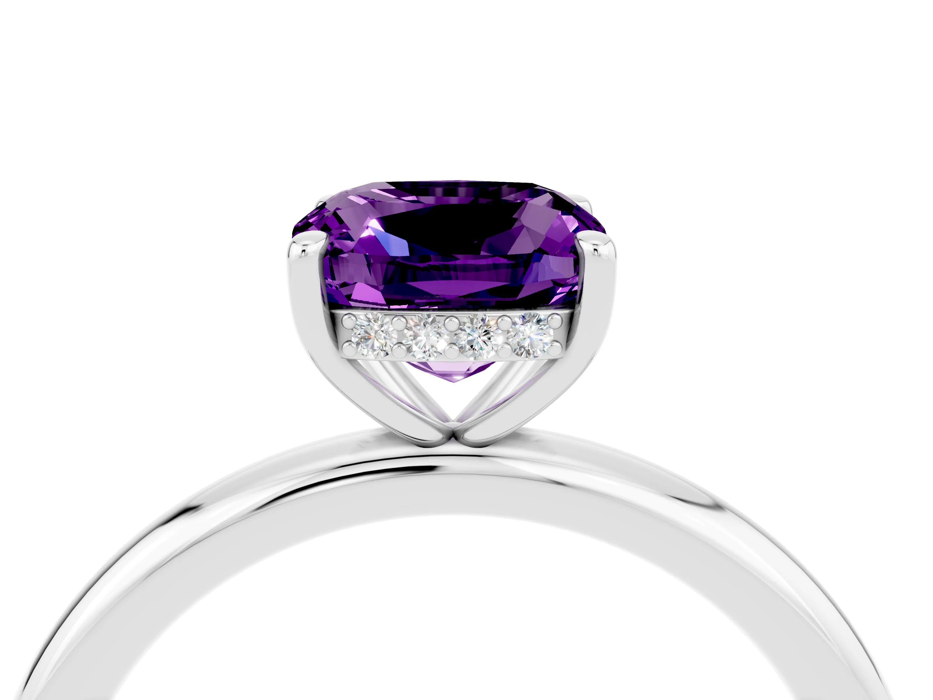 White gold Cushion Cut Amethyst Solitaire Ring with Thin Band and Four-Prong Setting_4
