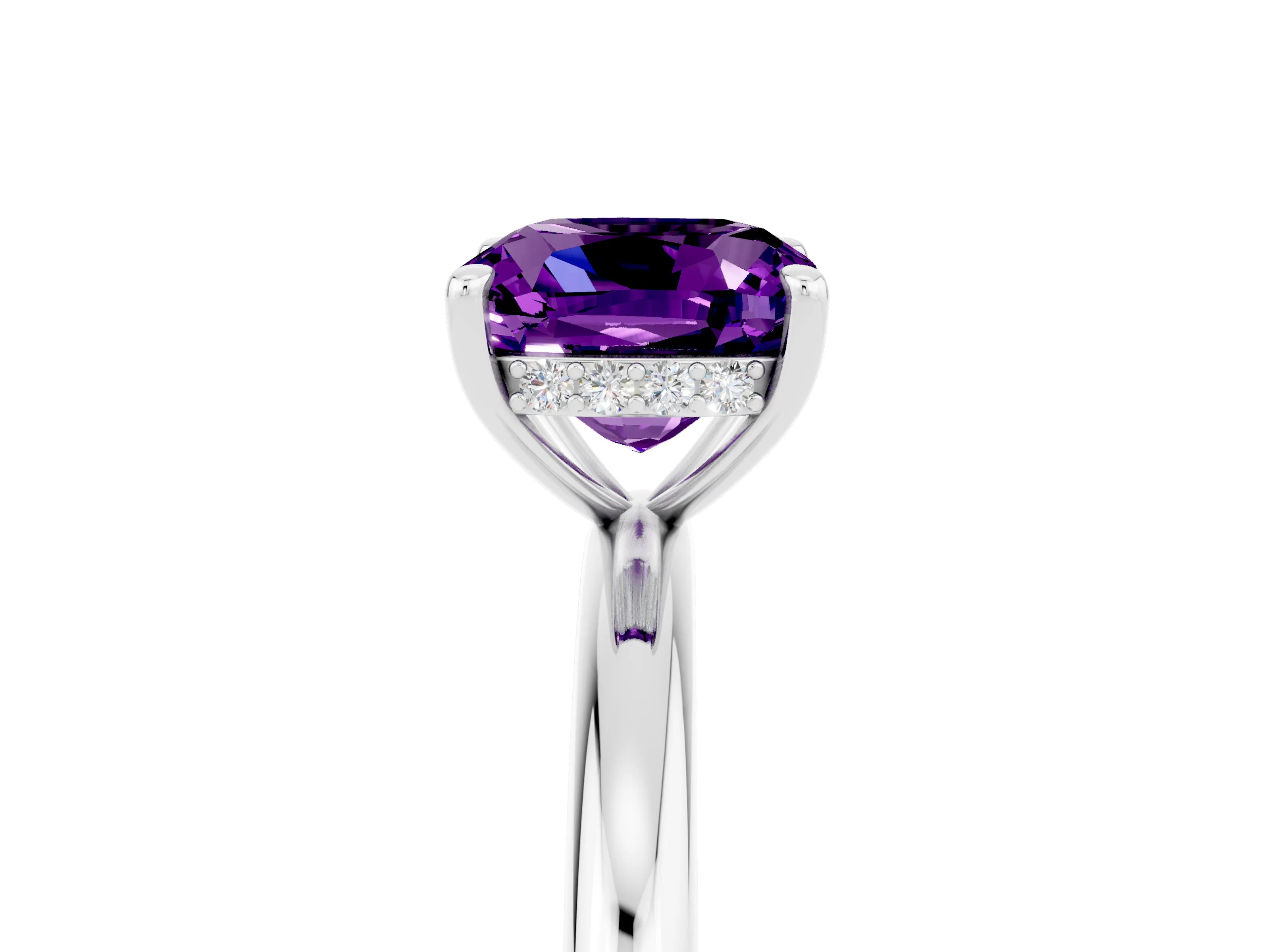 White gold Cushion Cut Amethyst Solitaire Ring with Thin Band and Four-Prong Setting_5