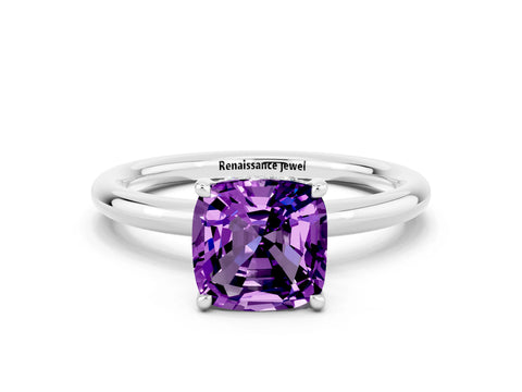 White gold Cushion Cut Amethyst Solitaire Ring with Thin Band and Four-Prong Setting