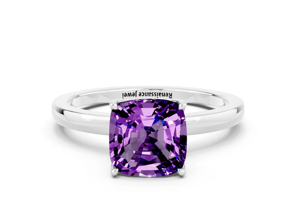 Platinum Cushion Cut Amethyst Solitaire Ring with Thin Band and Prong Setting