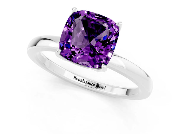 Platinum Cushion Cut Amethyst Solitaire Ring with Thin Band and Prong Setting