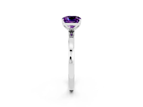 Platinum Cushion Cut Amethyst Solitaire Ring with Thin Band and Prong Setting
