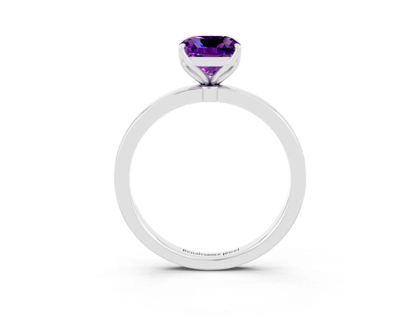 Silver Cushion Cut Amethyst Solitaire Ring with Thin Band and Prong Setting