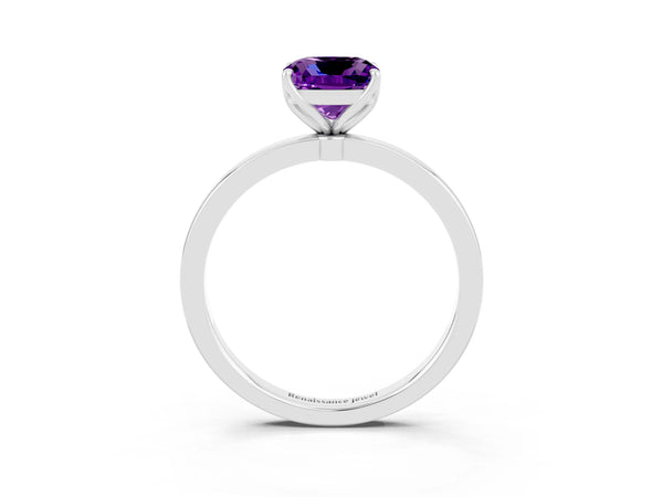 White gold Cushion Cut Amethyst Solitaire Ring with Thin Band and Prong Setting