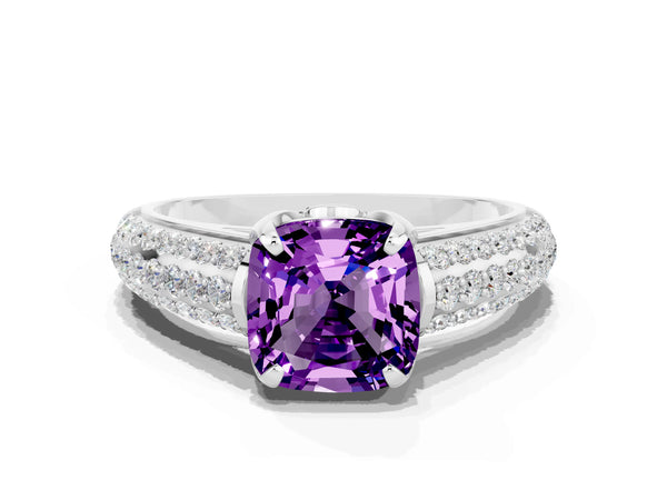 Platinum Cushion Cut Amethyst Solitaire Ring with Three-Row Pavé Band and Four-Prong Setting