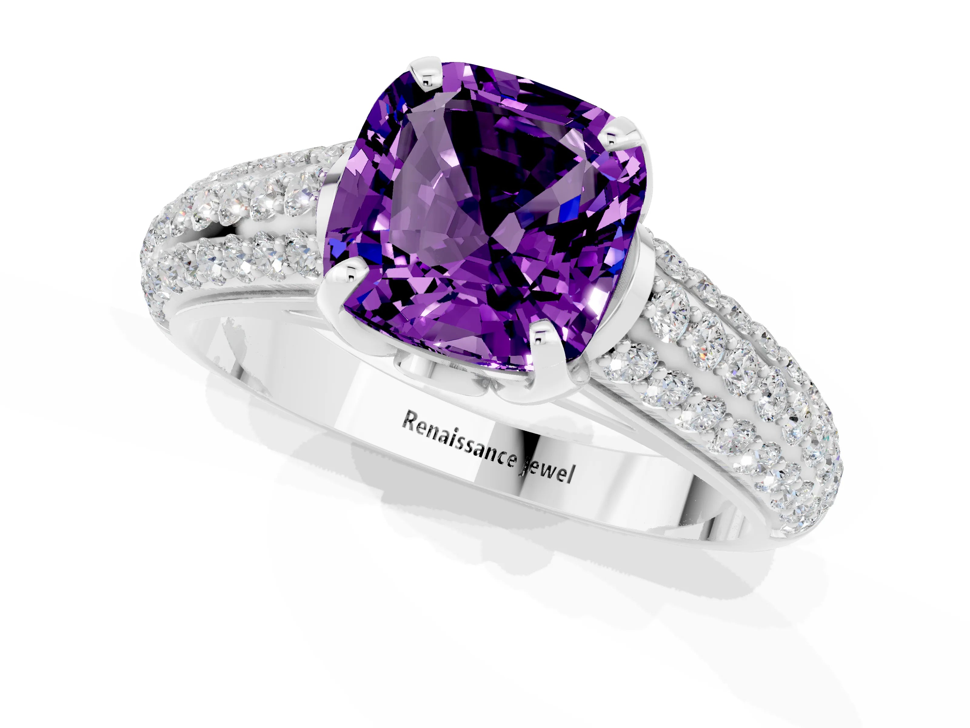 White gold Cushion Cut Amethyst Solitaire Ring with Three-Row Pavé Band and Four-Prong Setting_13