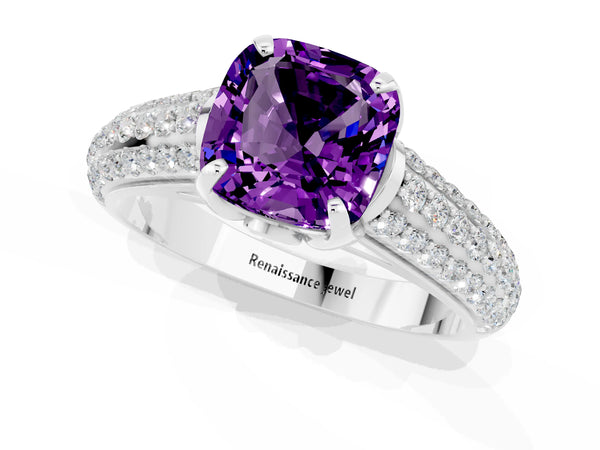 Platinum Cushion Cut Amethyst Solitaire Ring with Three-Row Pavé Band and Four-Prong Setting
