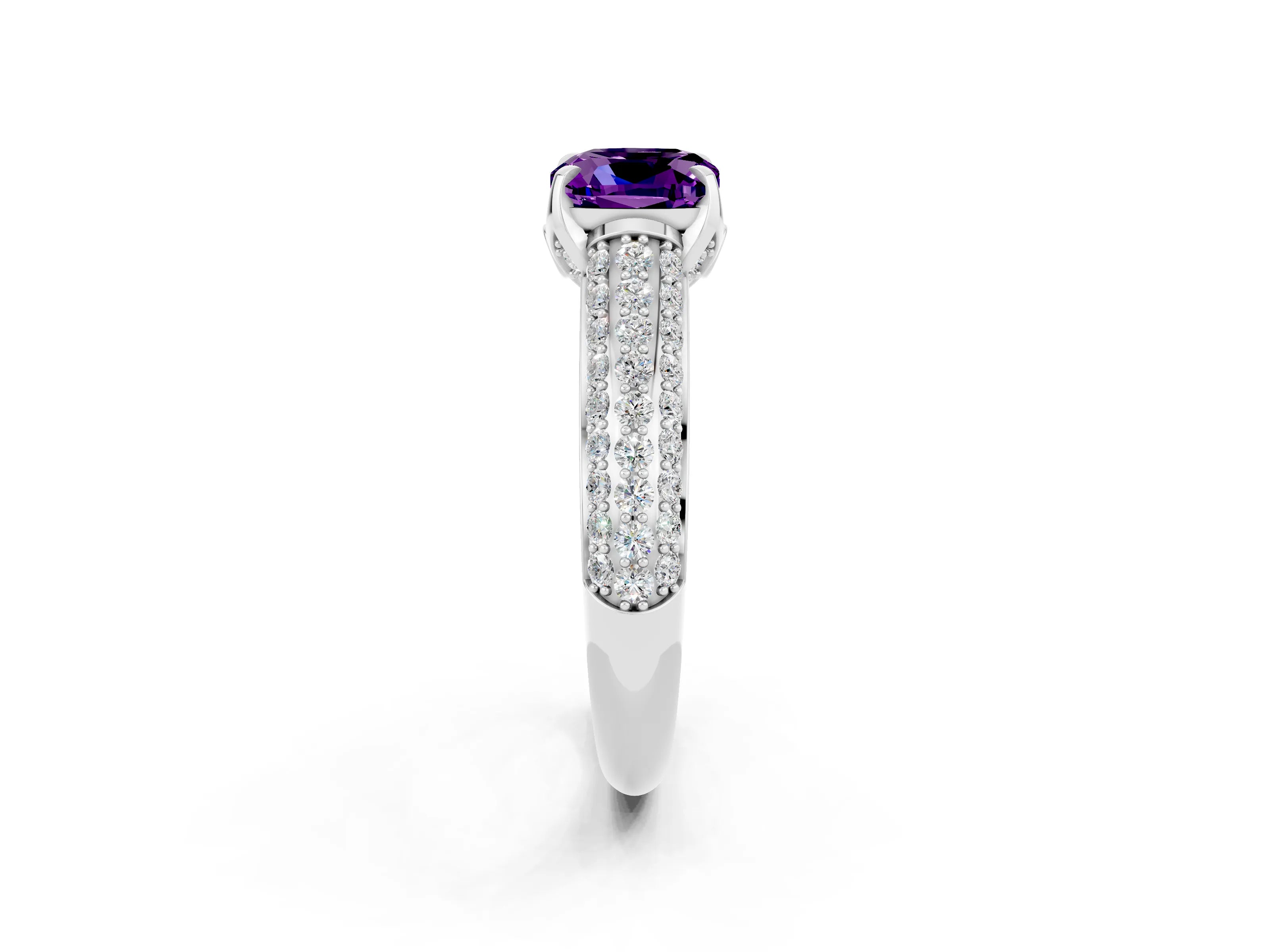 White gold Cushion Cut Amethyst Solitaire Ring with Three-Row Pavé Band and Four-Prong Setting_14