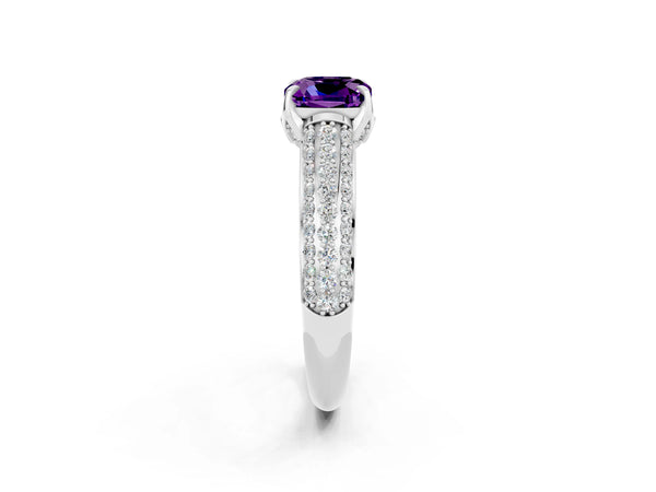 Silver Cushion Cut Amethyst Solitaire Ring with Three-Row Pavé Band and Four-Prong Setting