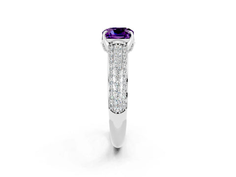 White gold Cushion Cut Amethyst Solitaire Ring with Three-Row Pavé Band and Four-Prong Setting_14
