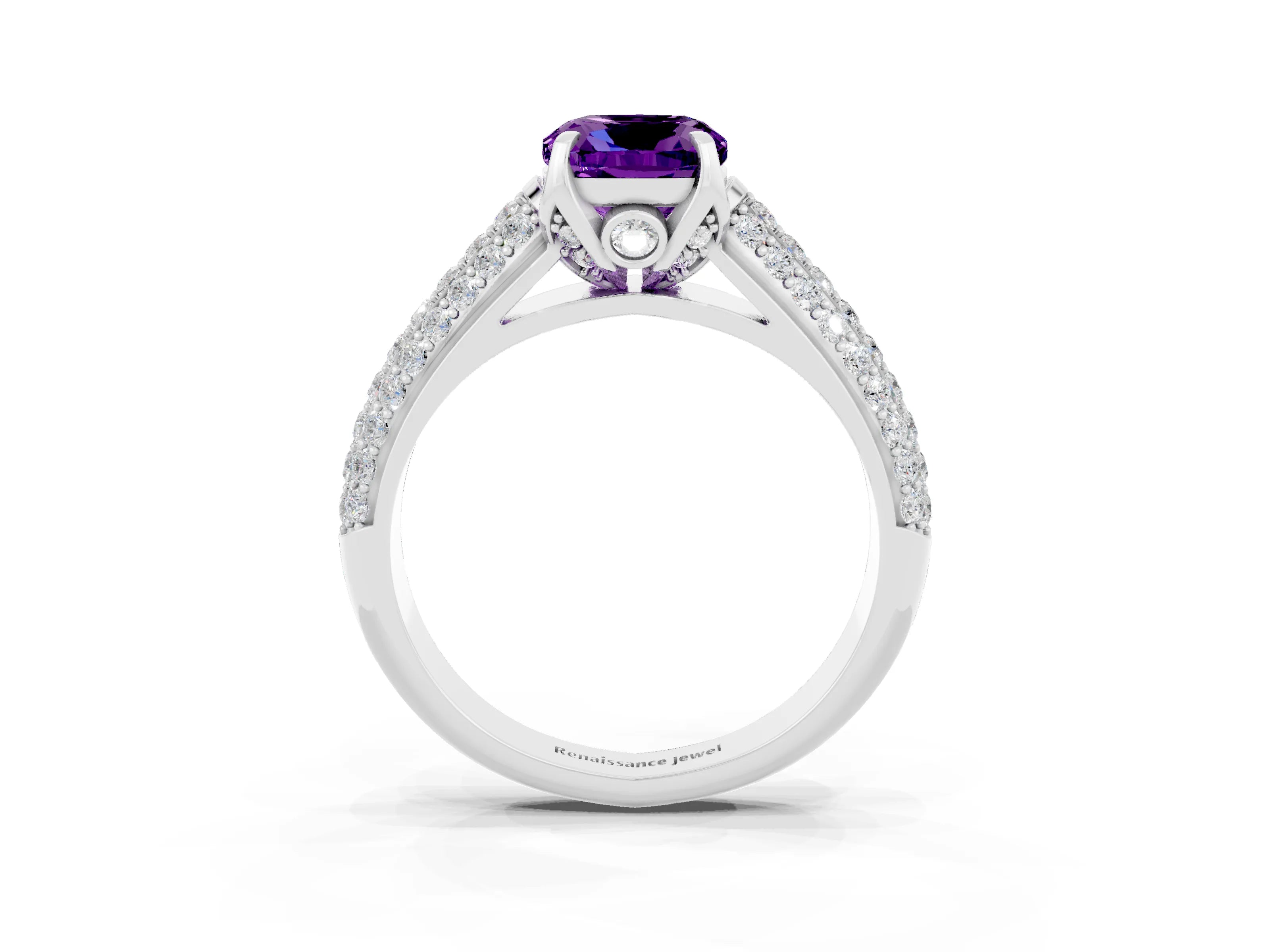 White gold Cushion Cut Amethyst Solitaire Ring with Three-Row Pavé Band and Four-Prong Setting_15