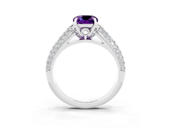 Platinum Cushion Cut Amethyst Solitaire Ring with Three-Row Pavé Band and Four-Prong Setting