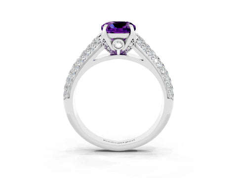 White gold Cushion Cut Amethyst Solitaire Ring with Three-Row Pavé Band and Four-Prong Setting_15