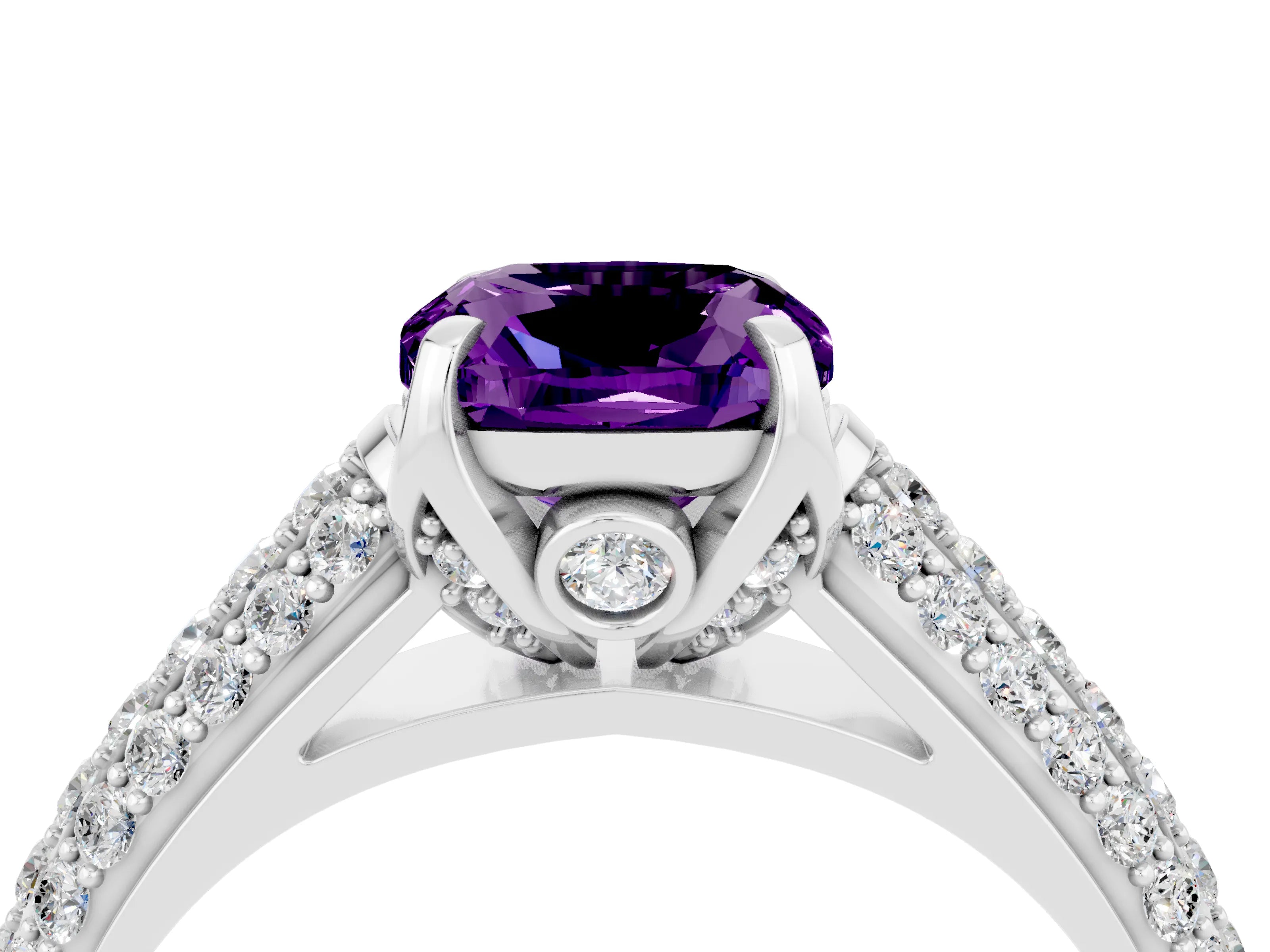 White gold Cushion Cut Amethyst Solitaire Ring with Three-Row Pavé Band and Four-Prong Setting_16