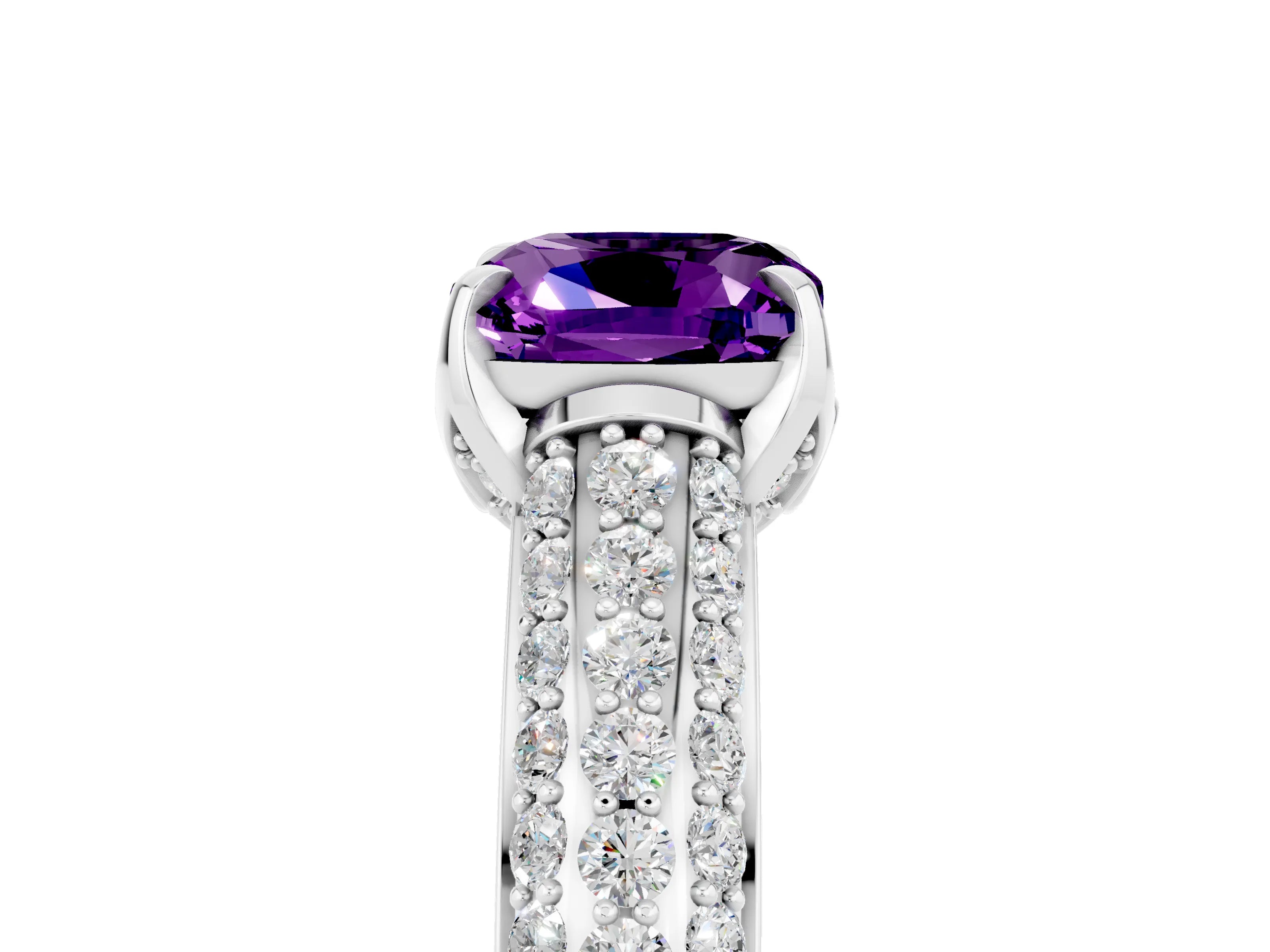 White gold Cushion Cut Amethyst Solitaire Ring with Three-Row Pavé Band and Four-Prong Setting_17