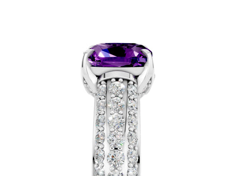 White gold Cushion Cut Amethyst Solitaire Ring with Three-Row Pavé Band and Four-Prong Setting_17