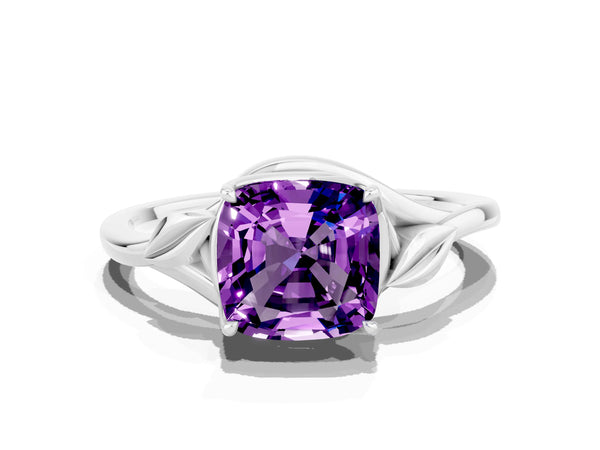 Silver Cushion Cut Amethyst Solitaire Ring with Twist Band and Four-Prong Setting
