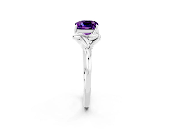 Platinum Cushion Cut Amethyst Solitaire Ring with Twist Band and Four-Prong Setting