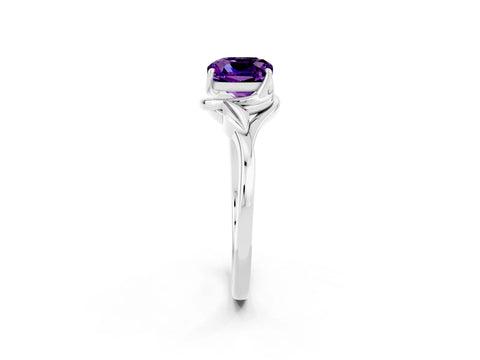 White gold Cushion Cut Amethyst Solitaire Ring with Twist Band and Four-Prong Setting_14