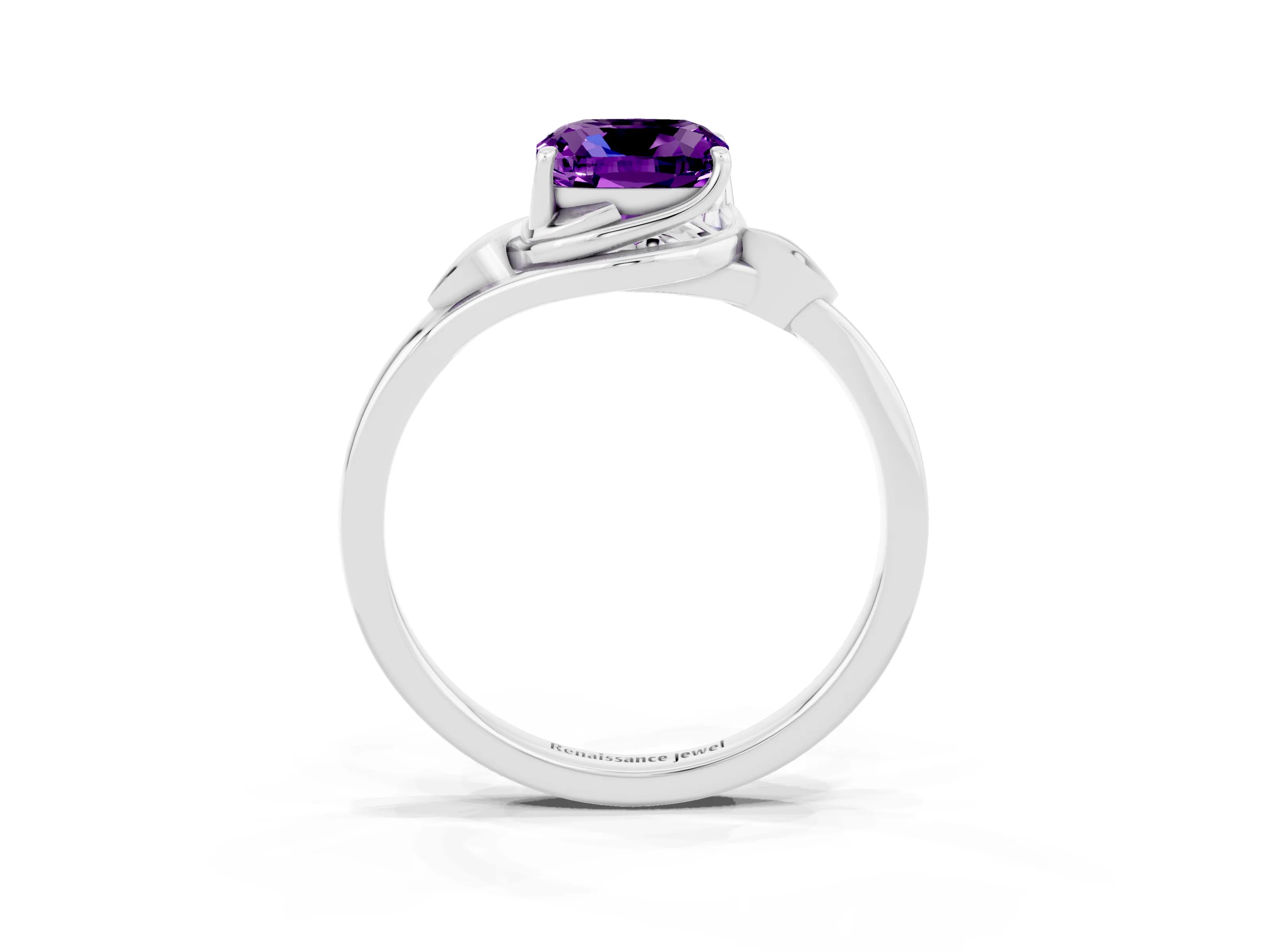 White gold Cushion Cut Amethyst Solitaire Ring with Twist Band and Four-Prong Setting_15