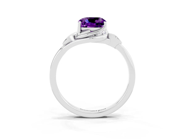 Silver Cushion Cut Amethyst Solitaire Ring with Twist Band and Four-Prong Setting