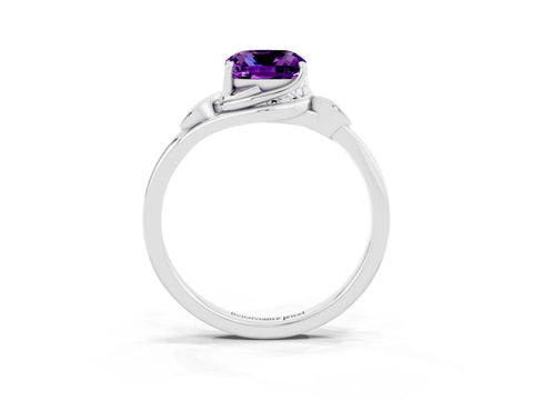 White gold Cushion Cut Amethyst Solitaire Ring with Twist Band and Four-Prong Setting_15
