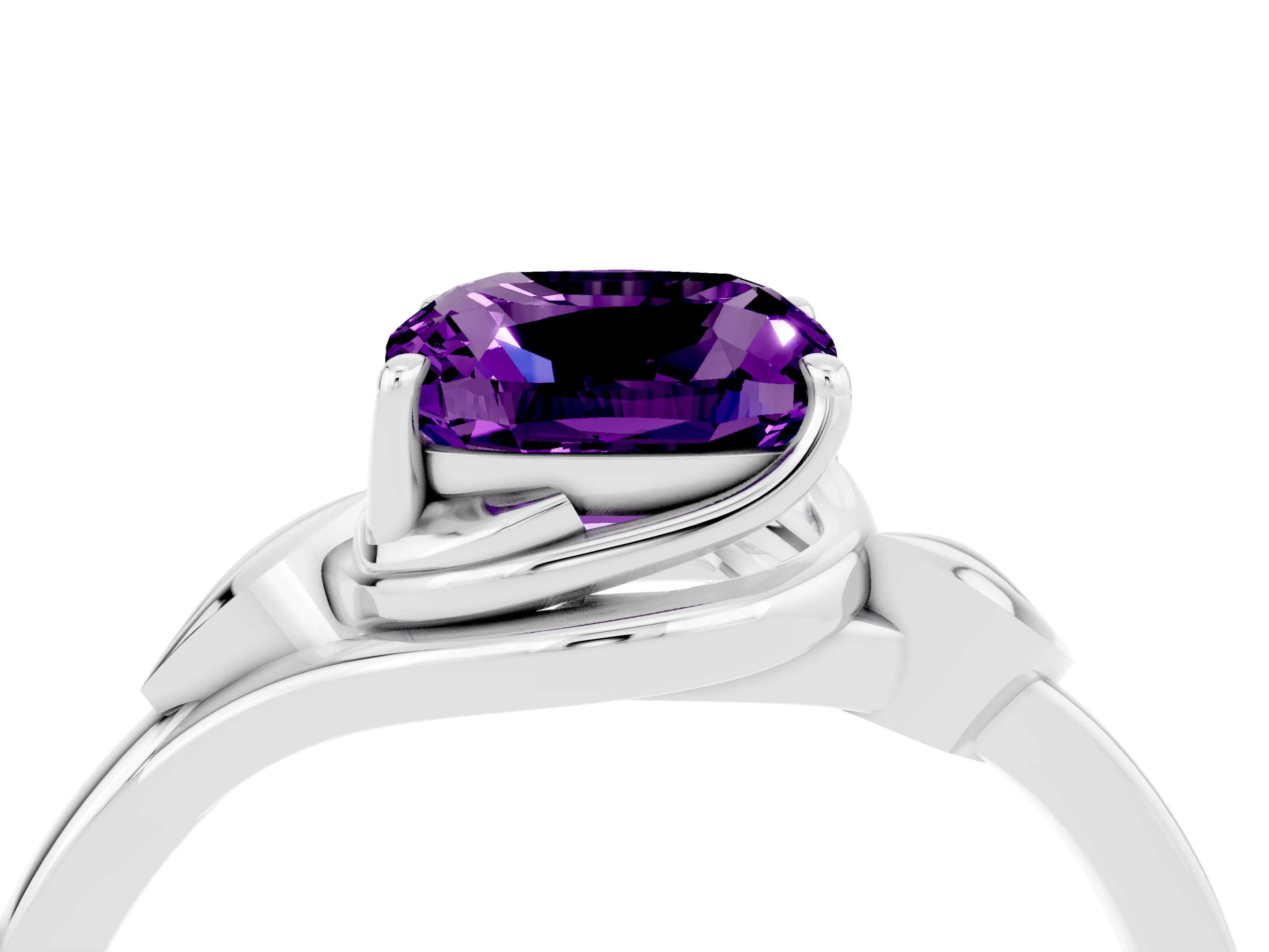 White gold Cushion Cut Amethyst Solitaire Ring with Twist Band and Four-Prong Setting_16