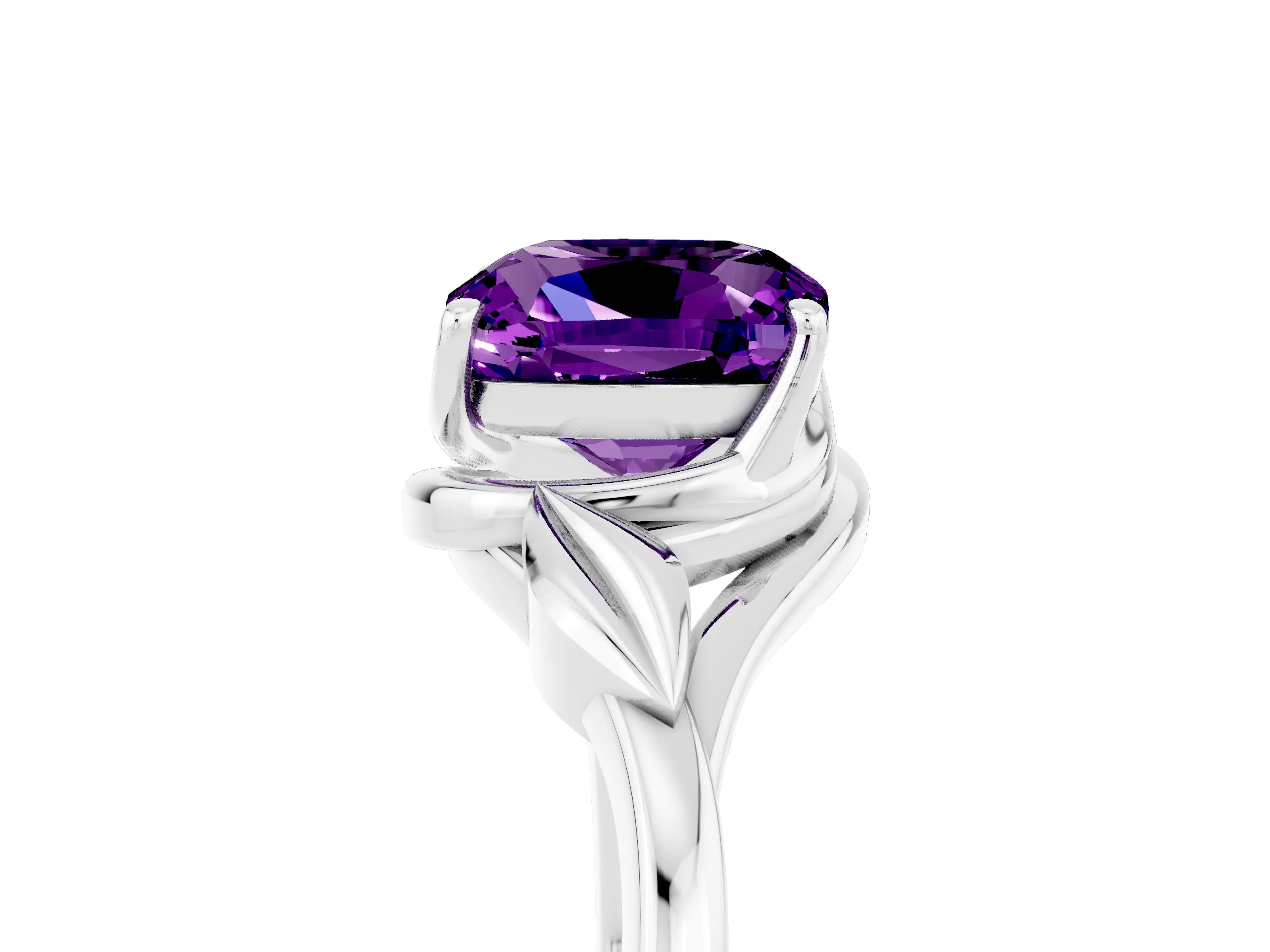White gold Cushion Cut Amethyst Solitaire Ring with Twist Band and Four-Prong Setting_17
