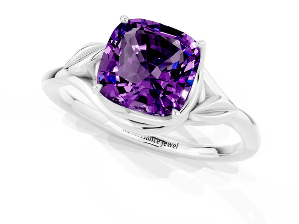 White gold Cushion Cut Amethyst Solitaire Ring with Twist Band and Four-Prong Setting