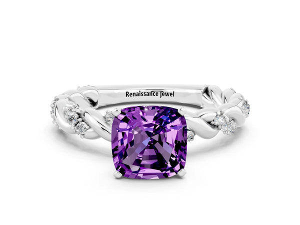 Platinum Cushion Cut Amethyst Solitaire Ring with Twisted Band and Pavé Accents