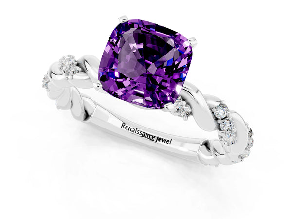 White gold Cushion Cut Amethyst Solitaire Ring with Twisted Band and Pavé Accents