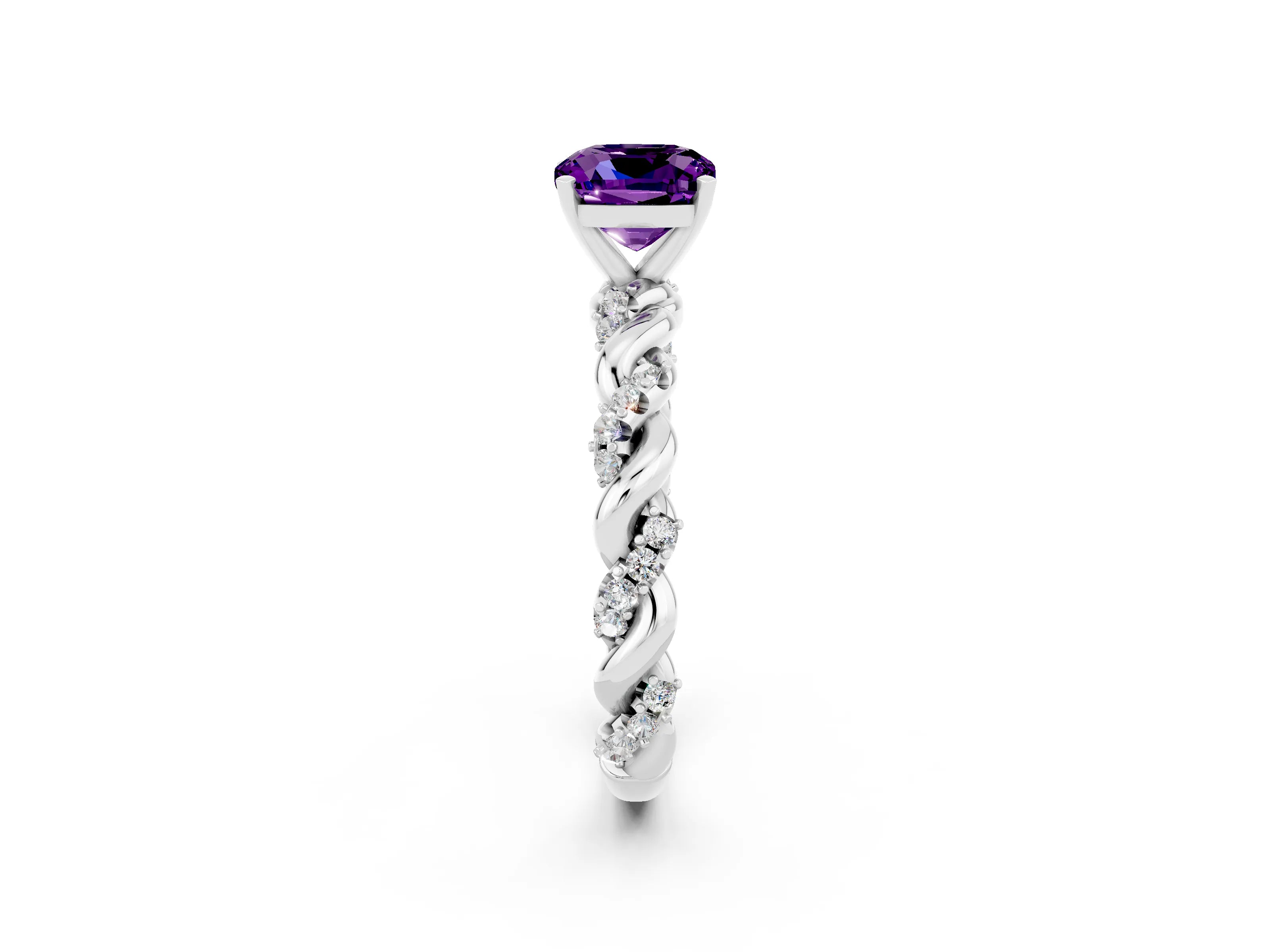 White gold Cushion Cut Amethyst Solitaire Ring with Twisted Band and Pavé Accents_2