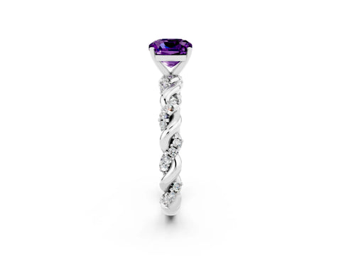 White gold Cushion Cut Amethyst Solitaire Ring with Twisted Band and Pavé Accents_2