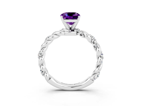 Platinum Cushion Cut Amethyst Solitaire Ring with Twisted Band and Pavé Accents
