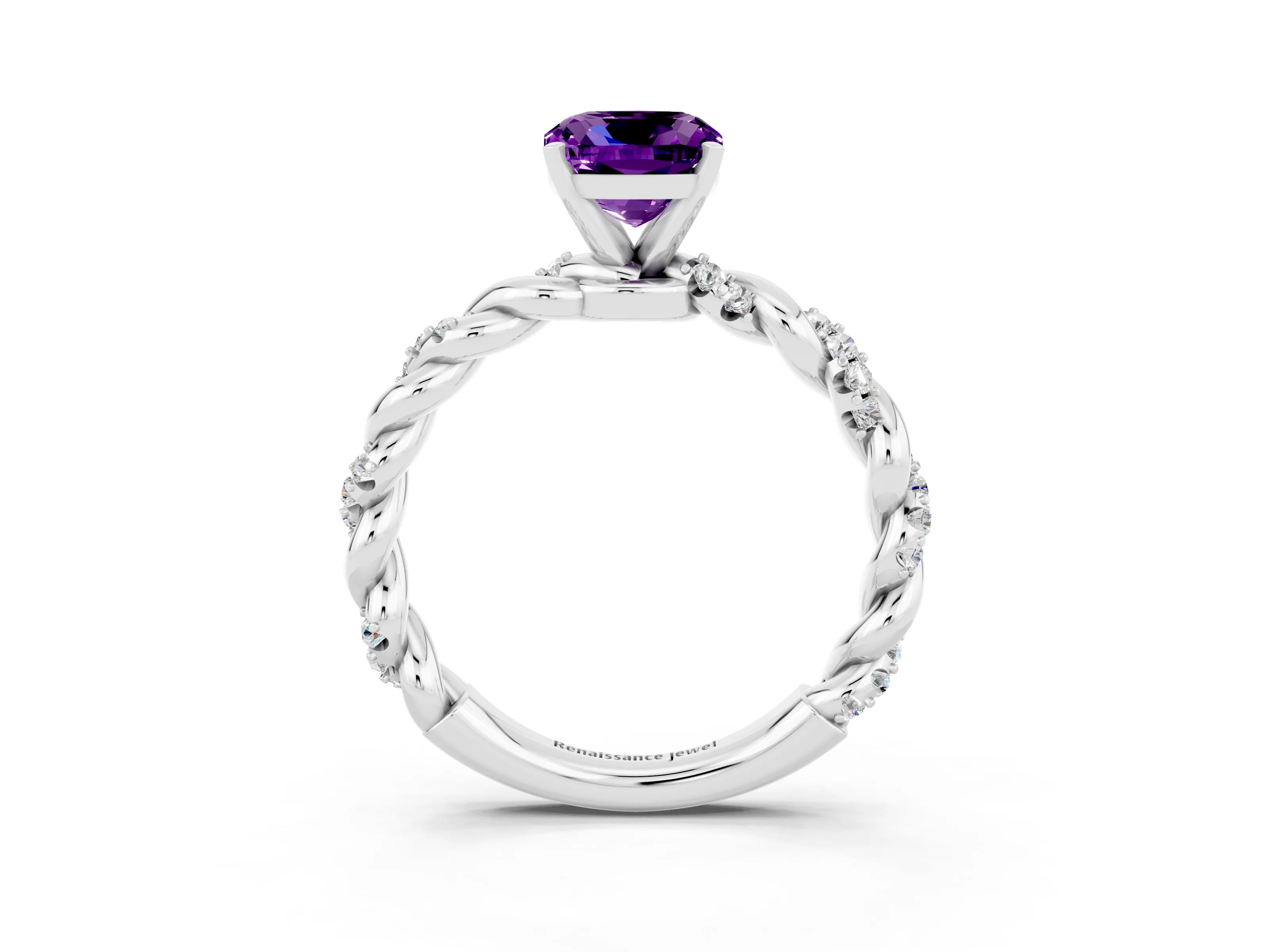 White gold Cushion Cut Amethyst Solitaire Ring with Twisted Band and Pavé Accents_3