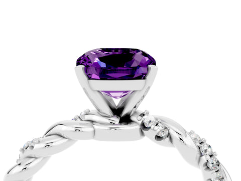 White gold Cushion Cut Amethyst Solitaire Ring with Twisted Band and Pavé Accents_4