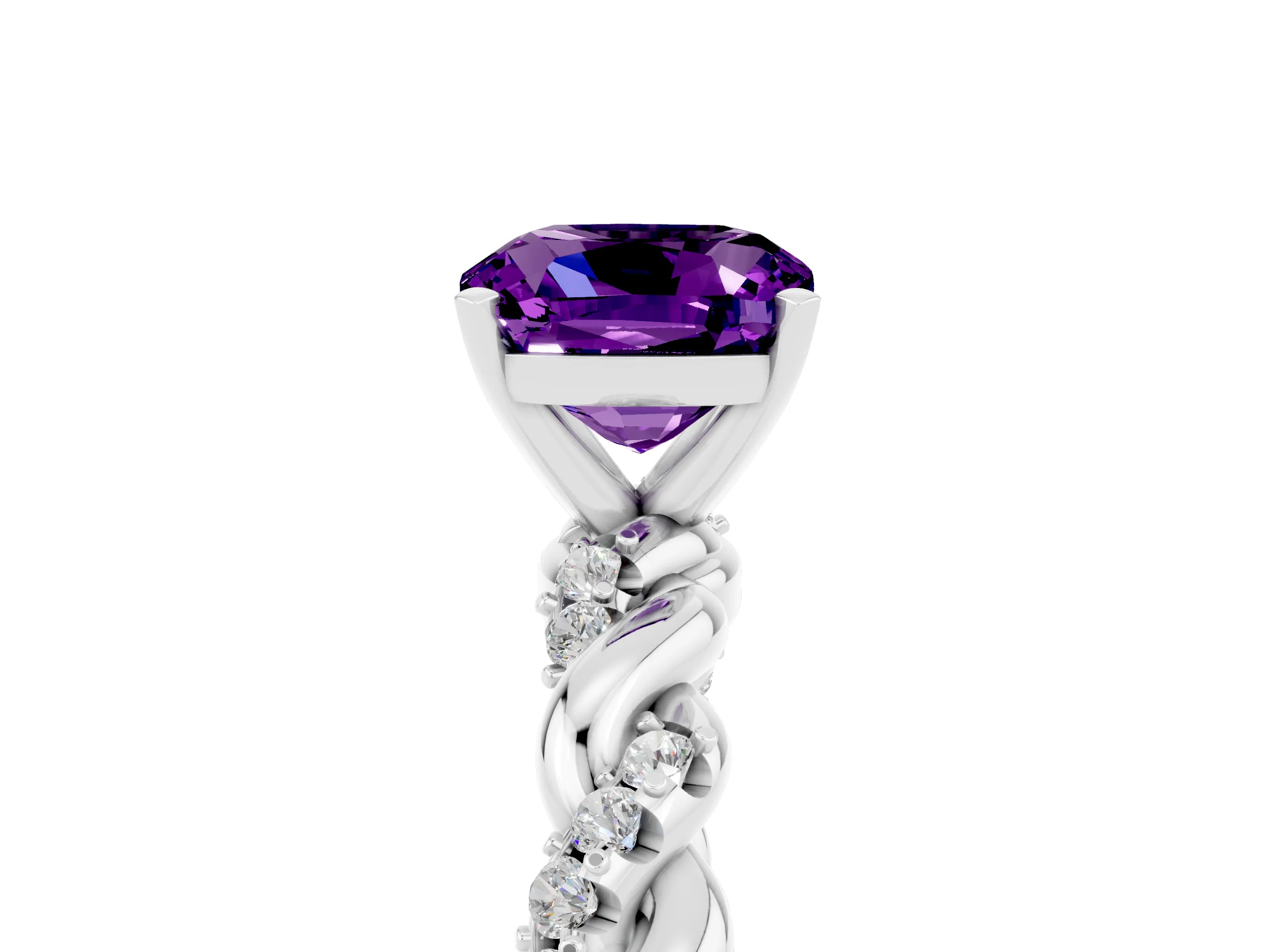White gold Cushion Cut Amethyst Solitaire Ring with Twisted Band and Pavé Accents_5