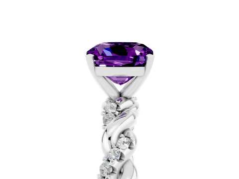White gold Cushion Cut Amethyst Solitaire Ring with Twisted Band and Pavé Accents_5